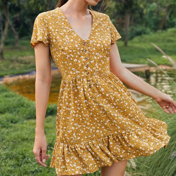 Monteau Dresses & Skirts - MONTEAU LOS ANGELES Golden Yellow Midi Dress | Short Sleeve | Tiered Skirt |